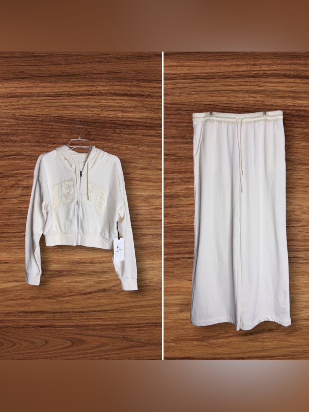 April Kiss XL 2 Piece 1996 Cropped Hoodie Wide Leg Pants Set Cream NWT